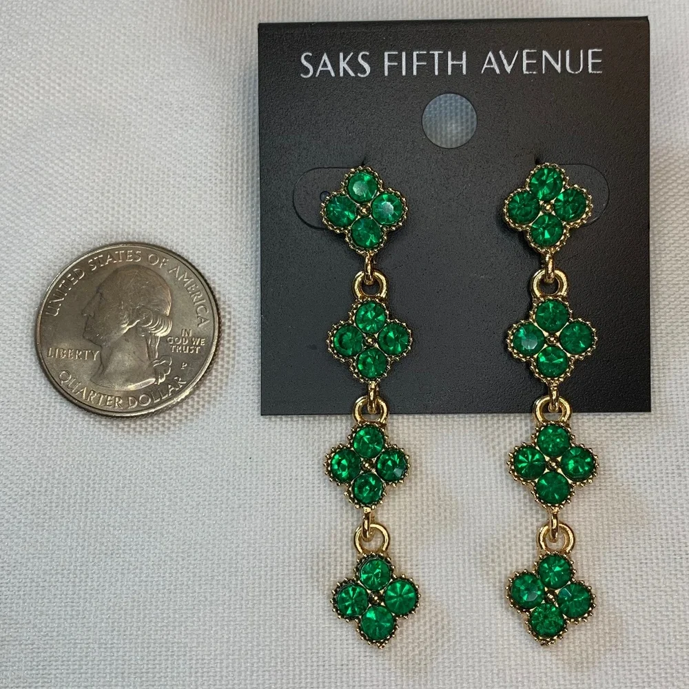 NWT Saks Fifth Avenue Brilliant Emerald Green Rhinestone Encrusted Earrings!